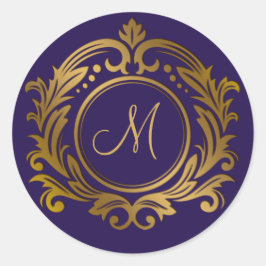 Gold Crest met Monogram Initiaal op Paars Ronde Sticker