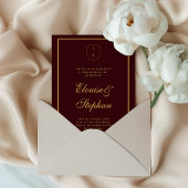 Gold Crest Monogram Burgundy All in One Wedding Kaart