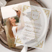 Gold Crest Monogram Lijst bruiloft Vellum Uitnodigingen