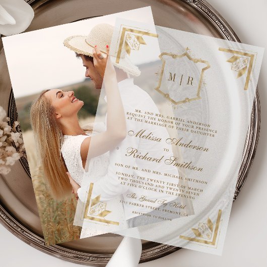 Gold Crest Monogram Lijst bruiloft Vellum Uitnodigingen