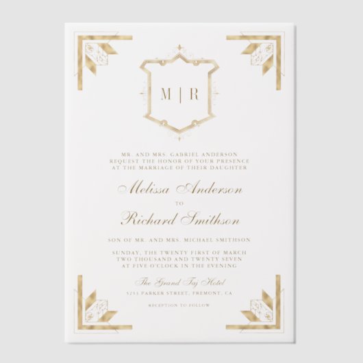 Gold Crest Monogram Lijst bruiloft Vellum Uitnodigingen (Voorkant)