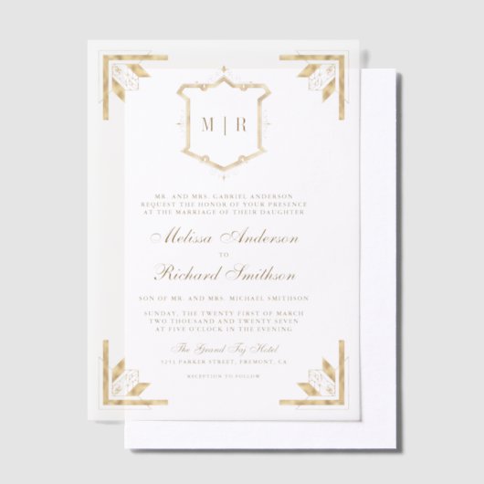 Gold Crest Monogram Lijst bruiloft Vellum Uitnodigingen (Offset)