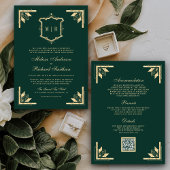 Gold Crest Monogram QR Code Emerald Green Wedding Kaart