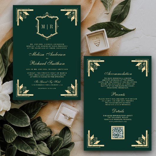 Gold Crest Monogram QR Code Emerald Green Wedding Kaart