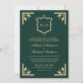 Gold Crest Monogram QR Code Emerald Green Wedding Kaart (Voorkant)