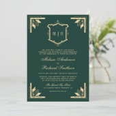 Gold Crest Monogram QR Code Emerald Green Wedding Kaart (Staand voorkant)