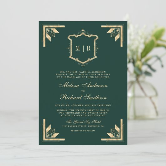 Gold Crest Monogram QR Code Emerald Green Wedding Kaart (Staand voorkant)