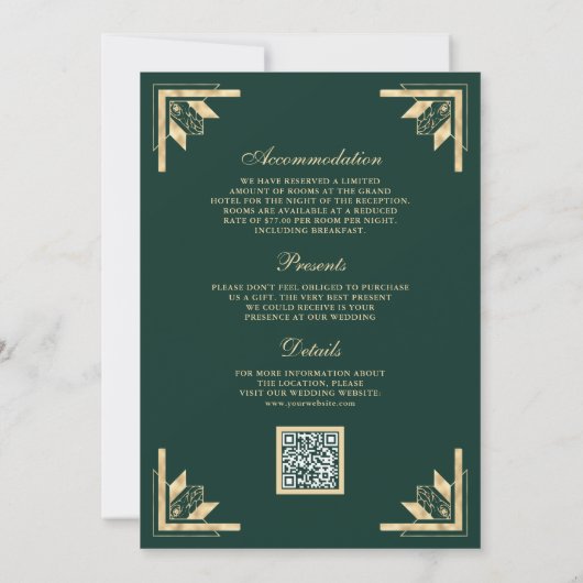 Gold Crest Monogram QR Code Emerald Green Wedding Kaart (Achterkant)