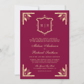 Gold Crest Monogram QR Code Magenta Wedding Kaart (Voorkant)