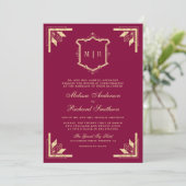 Gold Crest Monogram QR Code Magenta Wedding Kaart (Staand voorkant)