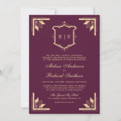 Gold Crest Monogram QR Code Plum Purple Wedding Kaart (Voorkant)
