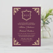 Gold Crest Monogram QR Code Plum Purple Wedding Kaart (Staand voorkant)