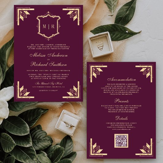 Gold Crest Monogram QR Code Plum Purple Wedding Kaart