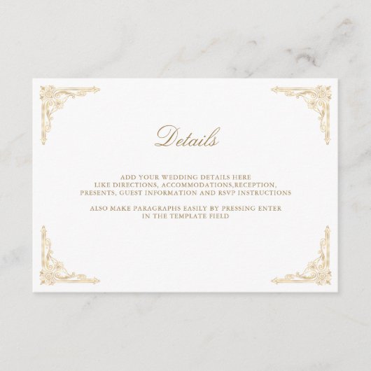 Gold Crest Royal Indian Peacock bruiloft details Informatiekaartje (Voorkant)