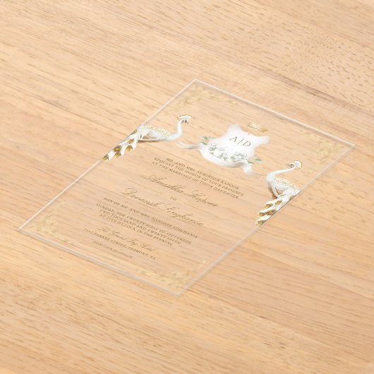 Gold Crest Royal Indian White Peacock Bruiloft Acryl Uitnodigingen (Laagn)