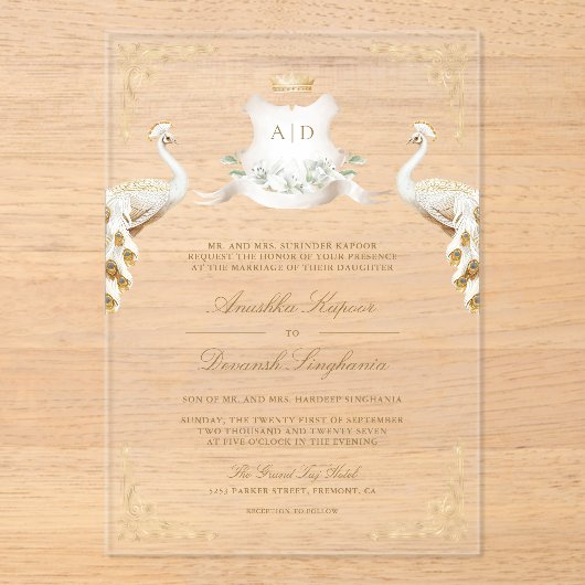 Gold Crest Royal Indian White Peacock Bruiloft Acryl Uitnodigingen (Voorkant)