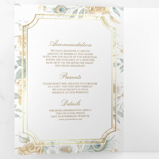 Gold Crest Royal Indian White Peacock Bruiloft Drieluik Uitnodiging (Binnenzijde eerst)