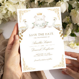 Gold Crest Royal Indian White Peacock Bruiloft Save The Date