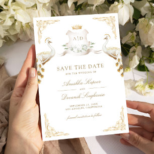 Gold Crest Royal Indian White Peacock Bruiloft Save The Date