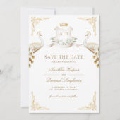 Gold Crest Royal Indian White Peacock Bruiloft Save The Date (Voorkant)