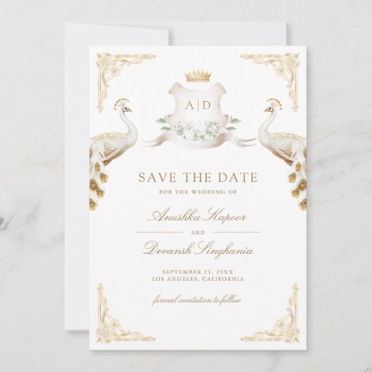 Gold Crest Royal Indian White Peacock Bruiloft Save The Date (Voorkant)
