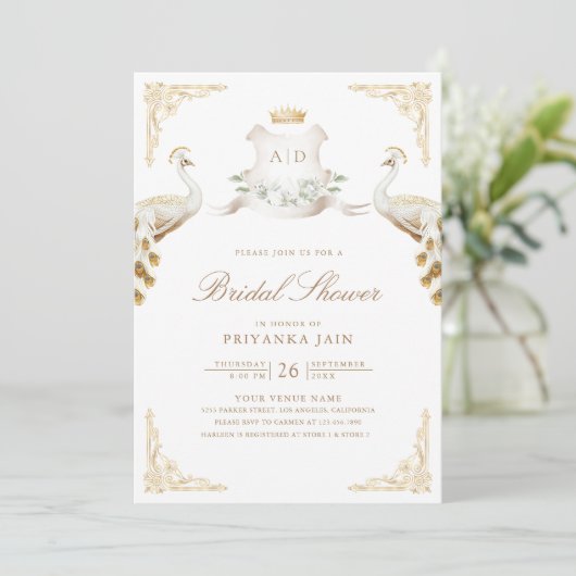 Gold Crest Royal White Peacock Vrijgezellenfeest Kaart (Staand voorkant)