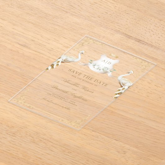 Gold Crest White Peacock Wedding Save the Date Acryl Uitnodigingen (Laagn)