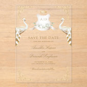 Gold Crest White Peacock Wedding Save the Date Acryl Uitnodigingen (Voorkant)