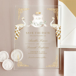 Gold Crest White Peacock Wedding Save the Date Acryl Uitnodigingen