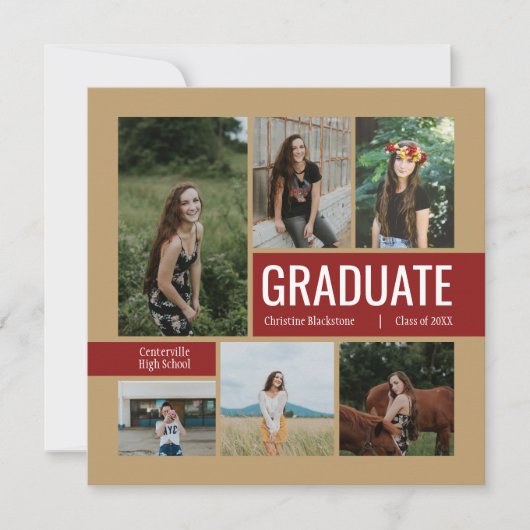 Gold & Crimson 6 Foto Afstuderen Uitnodiging (Voorkant)