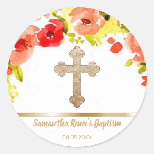 Gold Cross Baby Doop Bloemen Bedankt Favor Ronde Sticker (Voorkant)
