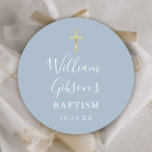 Gold Cross Baptisme Christening Dusty Blue Ronde Sticker<br><div class="desc">Met een gouden kruis en elegante tekenscript op een stoffige blauwe achtergrond. Pas uw speciale baptisme of het christenen op deze stijlvolle sticker aan. Ontworpen door: Thisnotme©</div>