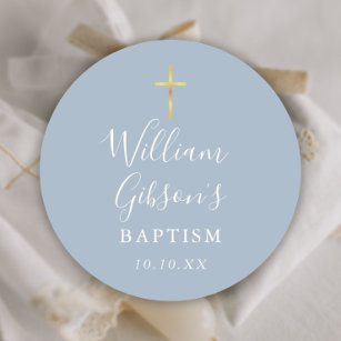 Gold Cross Baptisme Christening Dusty Blue Ronde Sticker