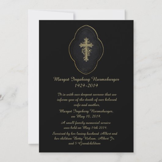 Gold Cross Black Death Announcement Card Aankondiging (Voorkant)