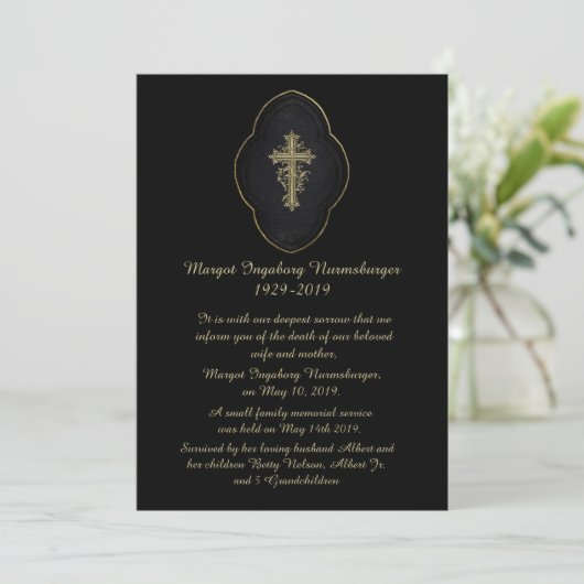 Gold Cross Black Death Announcement Card Aankondiging (Staand voorkant)