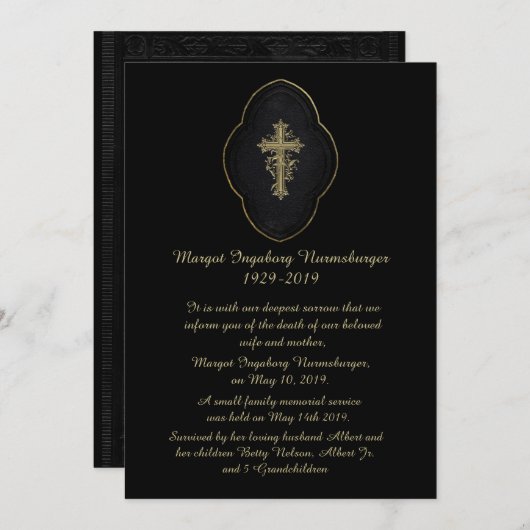 Gold Cross Black Death Announcement Card Aankondiging (Voorkant / Achterkant)