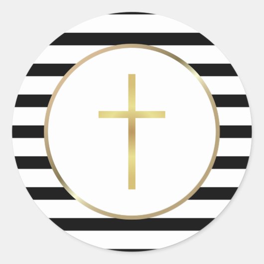 Gold Cross Black en White Stripe Ronde Sticker (Voorkant)