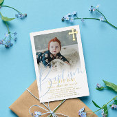 Gold Cross Bleek Blue Script Photo Baptisme Folie Uitnodiging