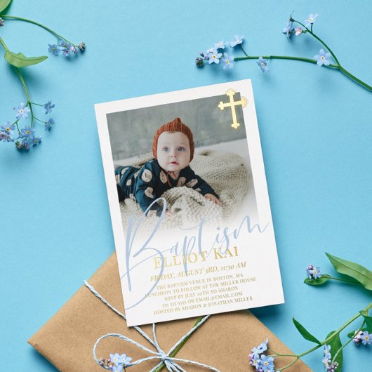 Gold Cross Bleek Blue Script Photo Baptisme Folie Uitnodiging