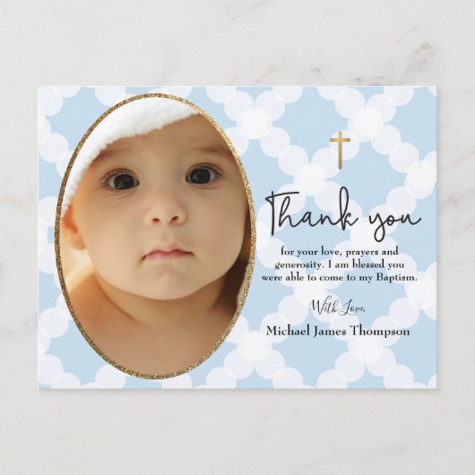 Gold Cross Blue Custom Baby Boy Baptisme Foto Briefkaart (Voorkant)