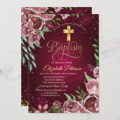 Gold Cross Burgundy Rozen Baptisme Kaart (Voorkant / Achterkant)