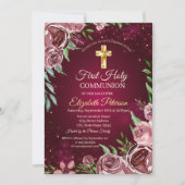 Gold Cross Burgundy Rozen Eerste Heilige Communie Kaart (Voorkant)