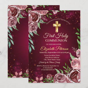 Gold Cross Burgundy Rozen Eerste Heilige Communie Kaart