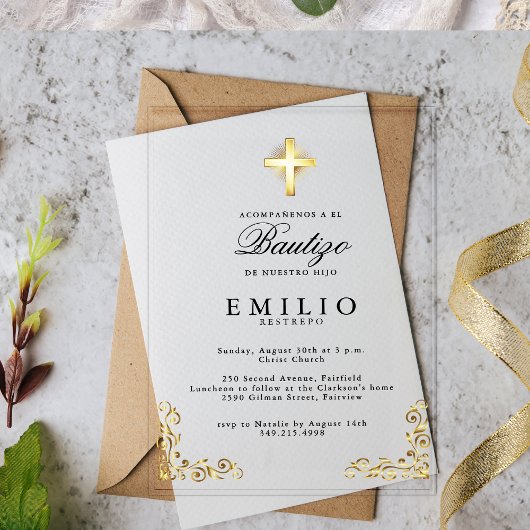 Gold Cross De Bautizo Spaans Geslacht Neutraal Wit Acryl Uitnodigingen