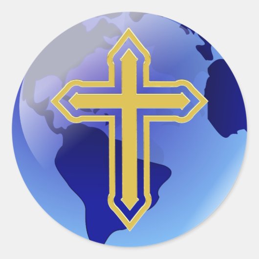 Gold Cross en Earth Ronde Sticker (Voorkant)