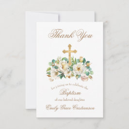 Gold Cross en Floral White Baptisme Bedankkaart