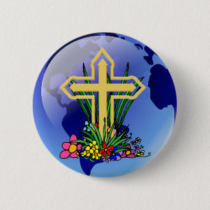 Gold Cross en Flowers Ronde Button 5,7 Cm