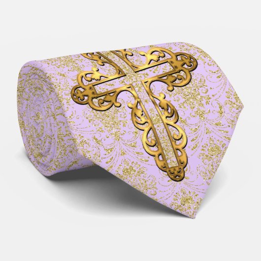 Gold Cross en Gold Damask op Lila achtergrond Stro Stropdas (Opgerold)