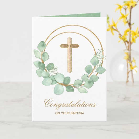 Gold Cross Eucalyptus Baptisme Kaart (Gele Bloem)