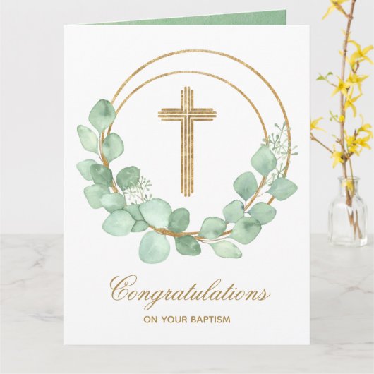 Gold Cross Eucalyptus Baptisme Kaart (Gele Bloem)